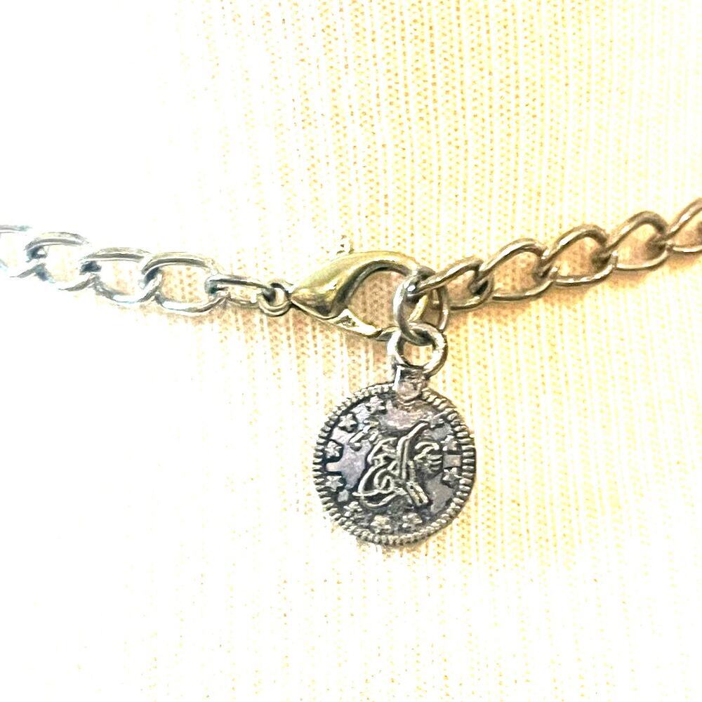 2-Tiered Grecian Silver-tone Coins with Turquoise Accents- Bib Necklace - Picture 2 of 5